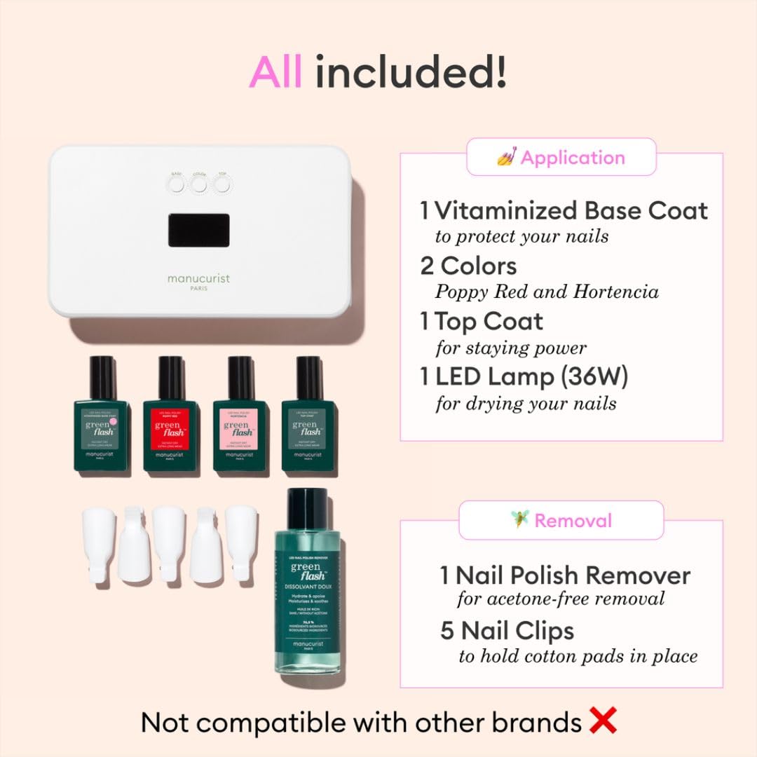 Manucurist - New Green Flash Slim Gel Nail Polish Kit - 36W LED Nail Lamp with Base Coat + Top Coat + 2 Colors: Poppy Red Polish & Pale Pink Hortencia + Gel Nail Lamp + Polish Remover + Nail Clipsel