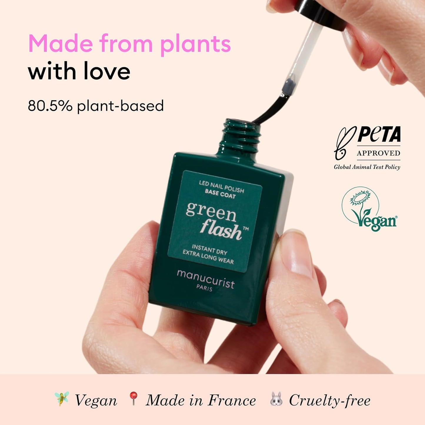 Manucurist Green Flash Base Coat - LED Gel Nail Polish Base Coat - 12-Free - 84% Bio-Sourced Ingredients - Made in France - 0.5 fl oz Bottle